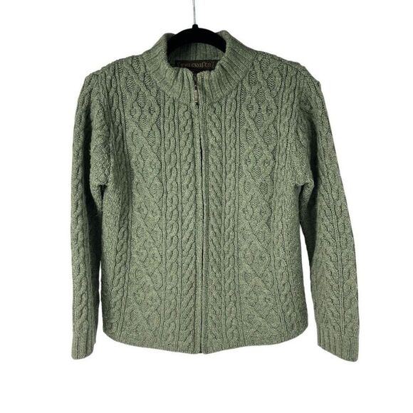 Inis Crafts Sweaters - Vintage Inis Crafts Green Hand Knit Merino Wool Full Zip Cardigan Sweater Sz M